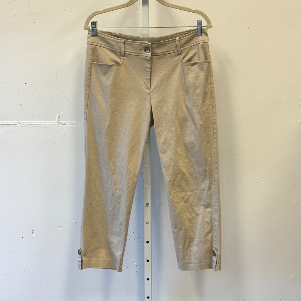 Y2K Cache Tan Khaki Cropped Capri Pants Women Size 8 Stretch Cotton Button Hem